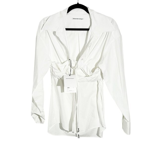 NWT Alexander Wang Ruched Bandeau Open Front Shirt in Bright White size 0 - Picture 2 of 9